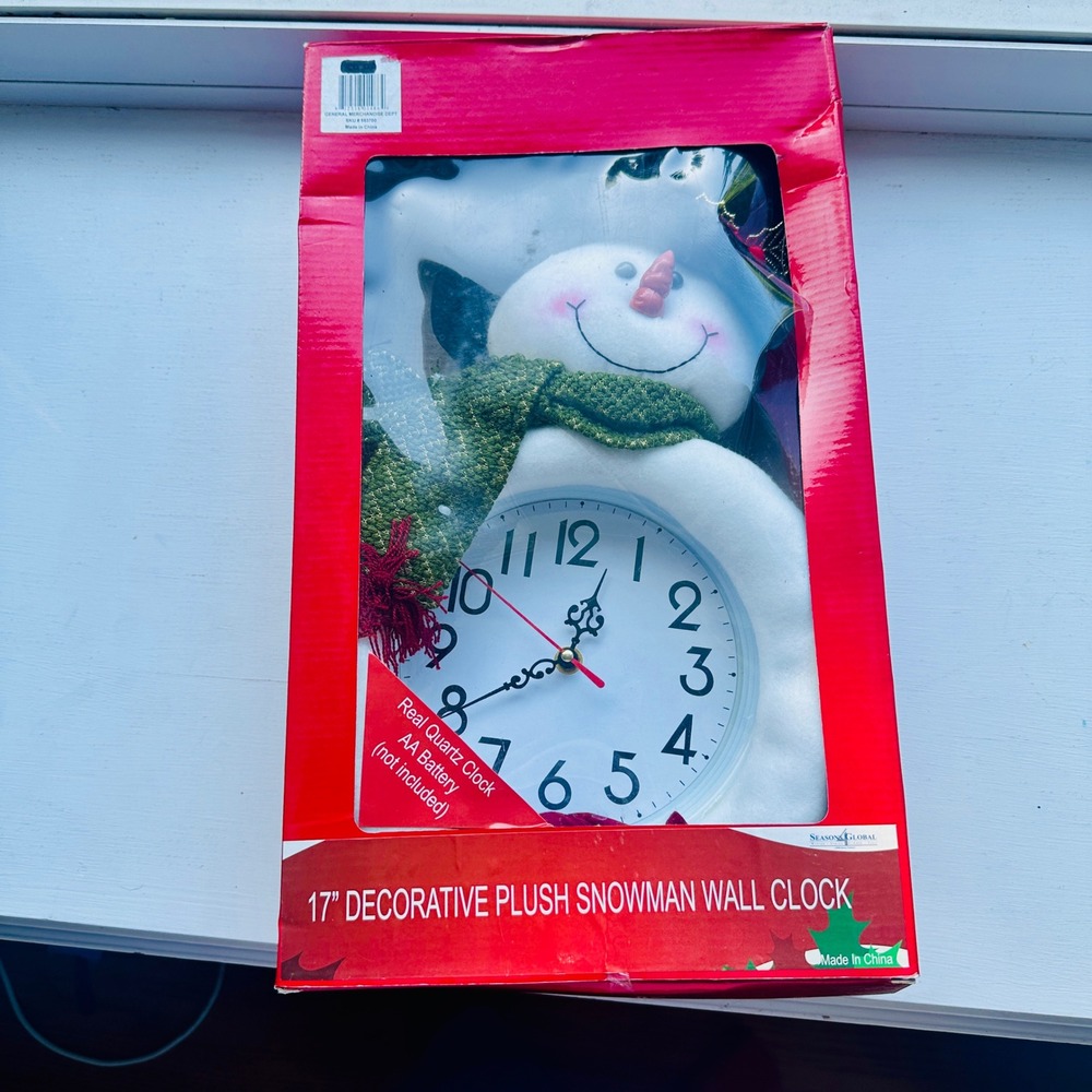 Seasons Global 17 Inch Decorative Plush Snowman Wall Clock Holiday Decor Quartz